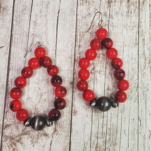 Faux red marbled stone navajo pearl earrings